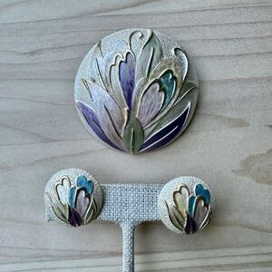 Vintage Park‎ Lane Pastel Floral Enamel Silver Tone Brooch w Clip Earrings NOS